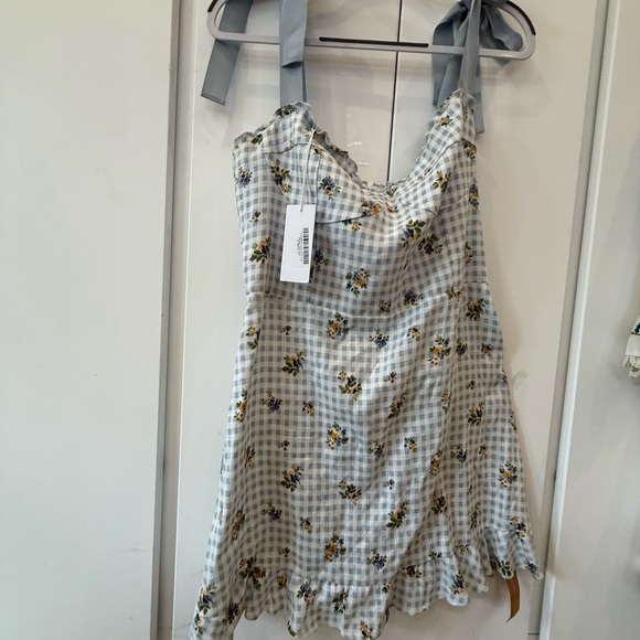 NWT Reformation Blue Gingham Floral Mini Dress - Picture 2 of 3
